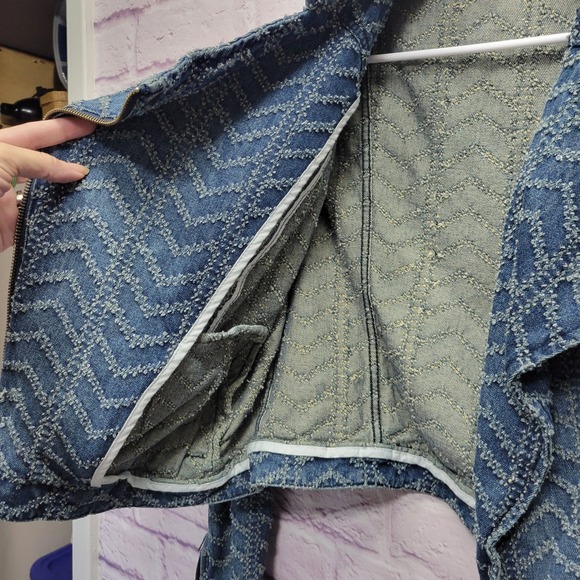 Free People Textured Chevron Blue Denim Jacket Womens 8 Asymmetrical Zip Moto - Picture 5 of 9